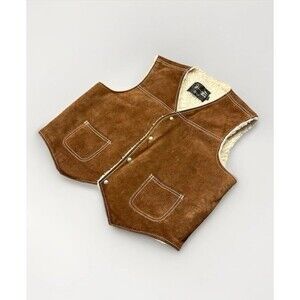 VTG 70s L Sears The Leather Shop Suede Leather Sherpa Pile Lined Vest Western